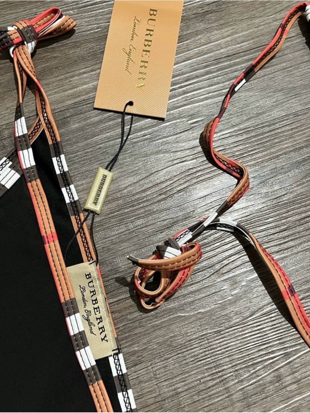 Classic Burberry Plaid Trim Logo Black Triangle Halter Brown Bikini 2-Piece Set - Picture 4 of 7
